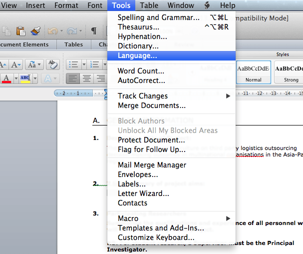 change the dictionary in word for mac 2011
